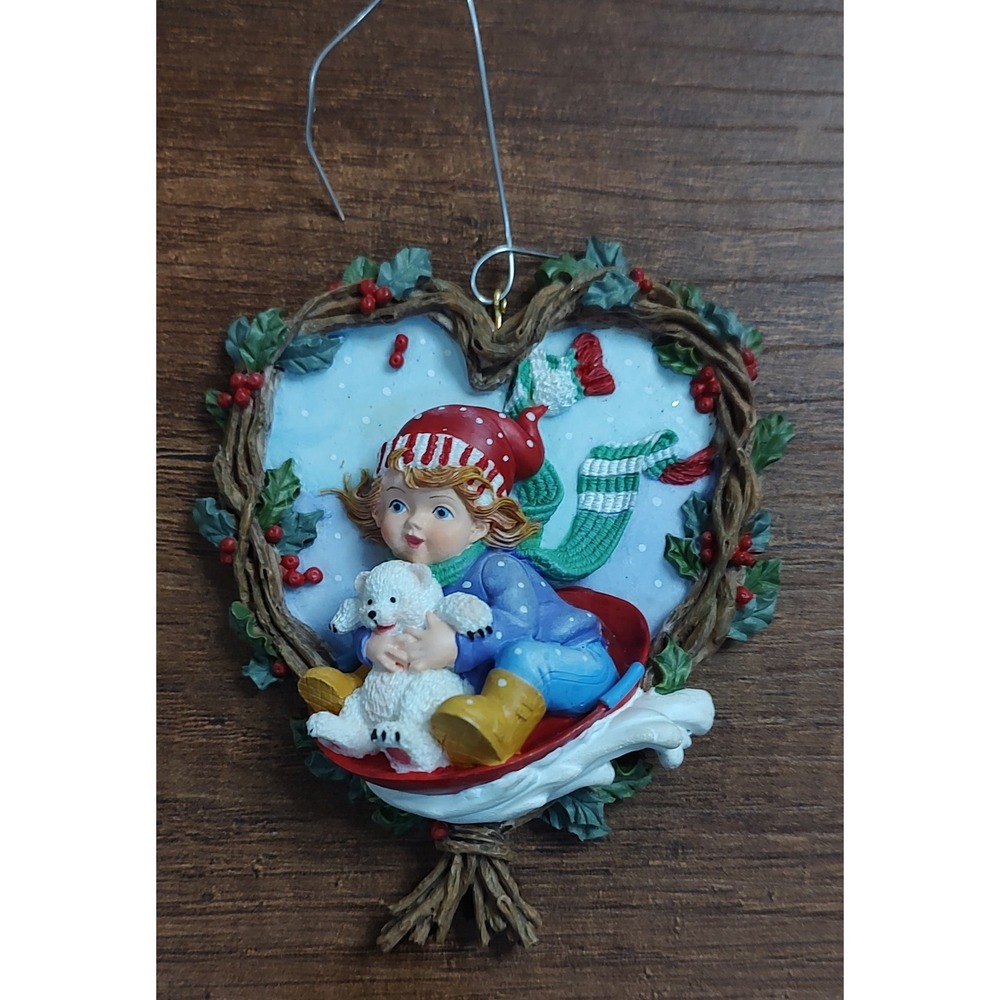 1999 Ashton Drake Christmas Heart Shape Ornaments Sledding Child Polar Bear A3